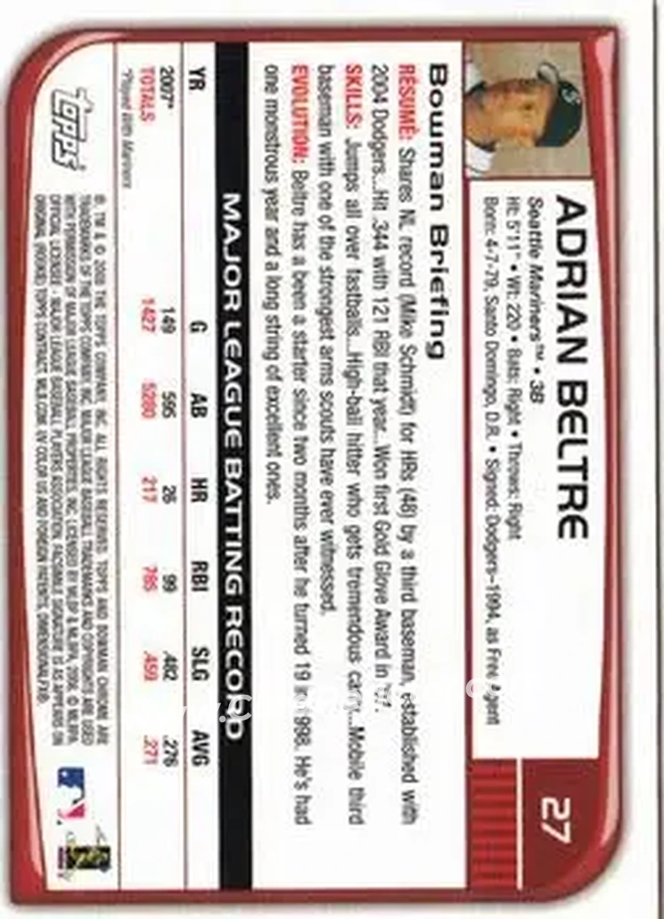 2008 Bowman Chrome #27 - Adrian Beltré - Seattle Mariners - Back 2008 Bowman Chrome #27 - Adrian Beltré - Seattle Mariners - Back