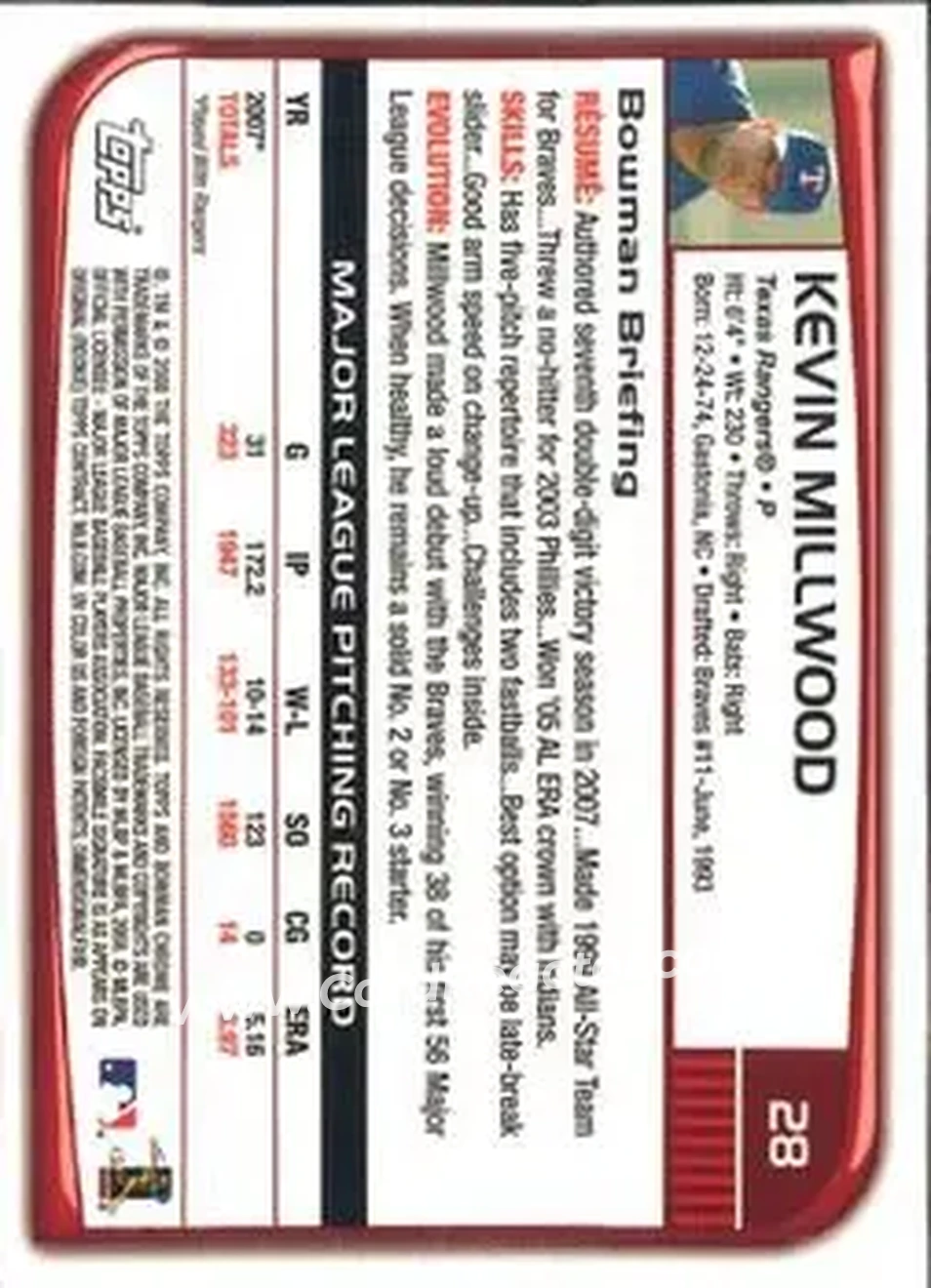 2008 Bowman Chrome #28 - Kevin Millwood - Texas Rangers - Back