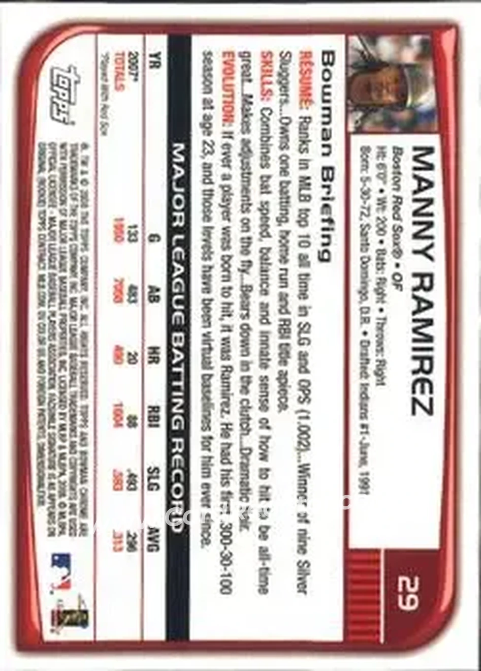 2008 Bowman Chrome #29 - Manny Ramirez - Boston Red Sox - Back