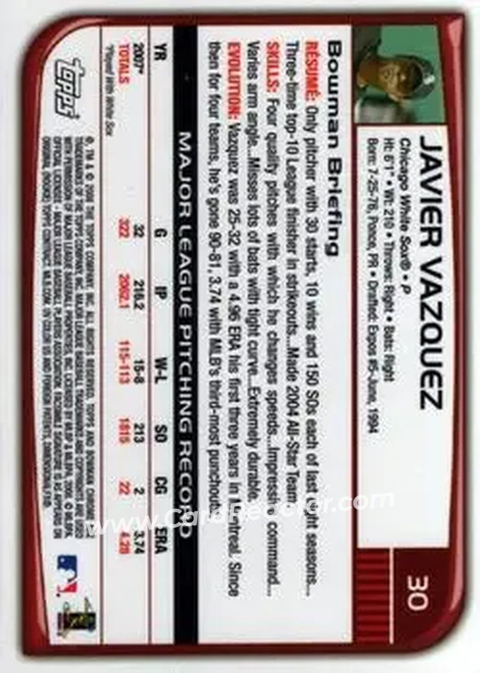 2008 Bowman Chrome #30 - Javier Vazquez - Chicago White Sox - Back 2008 Bowman Chrome #30 - Javier Vazquez - Chicago White Sox - Back