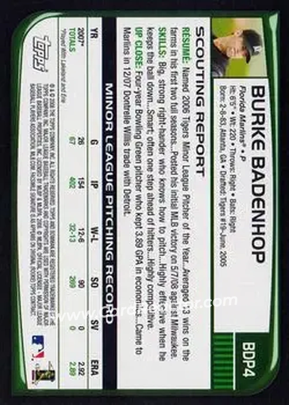 2008 Bowman Draft Picks & Prospects #BDP4 - Burke Badenhop - Florida Marlins - Back
