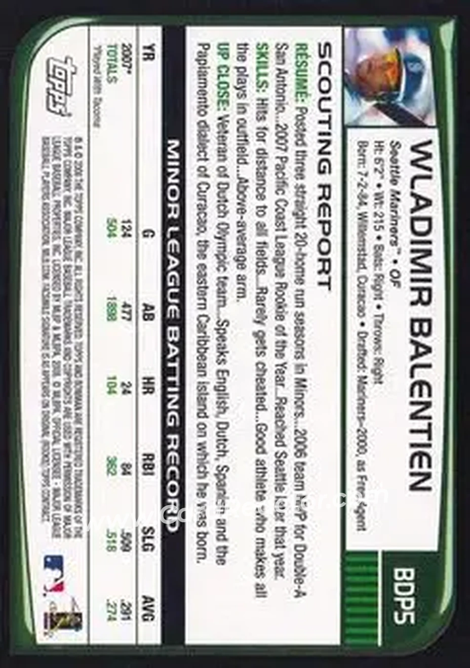 2008 Bowman Draft Picks & Prospects #BDP5 - Wladimir Balentien - Seattle Mariners - Back