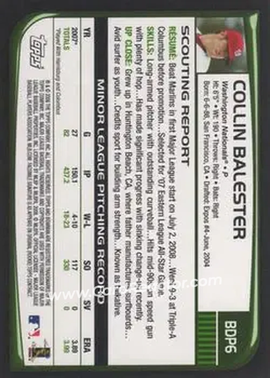2008 Bowman Draft Picks & Prospects #BDP6 - Collin Balester - Washington Nationals - Back