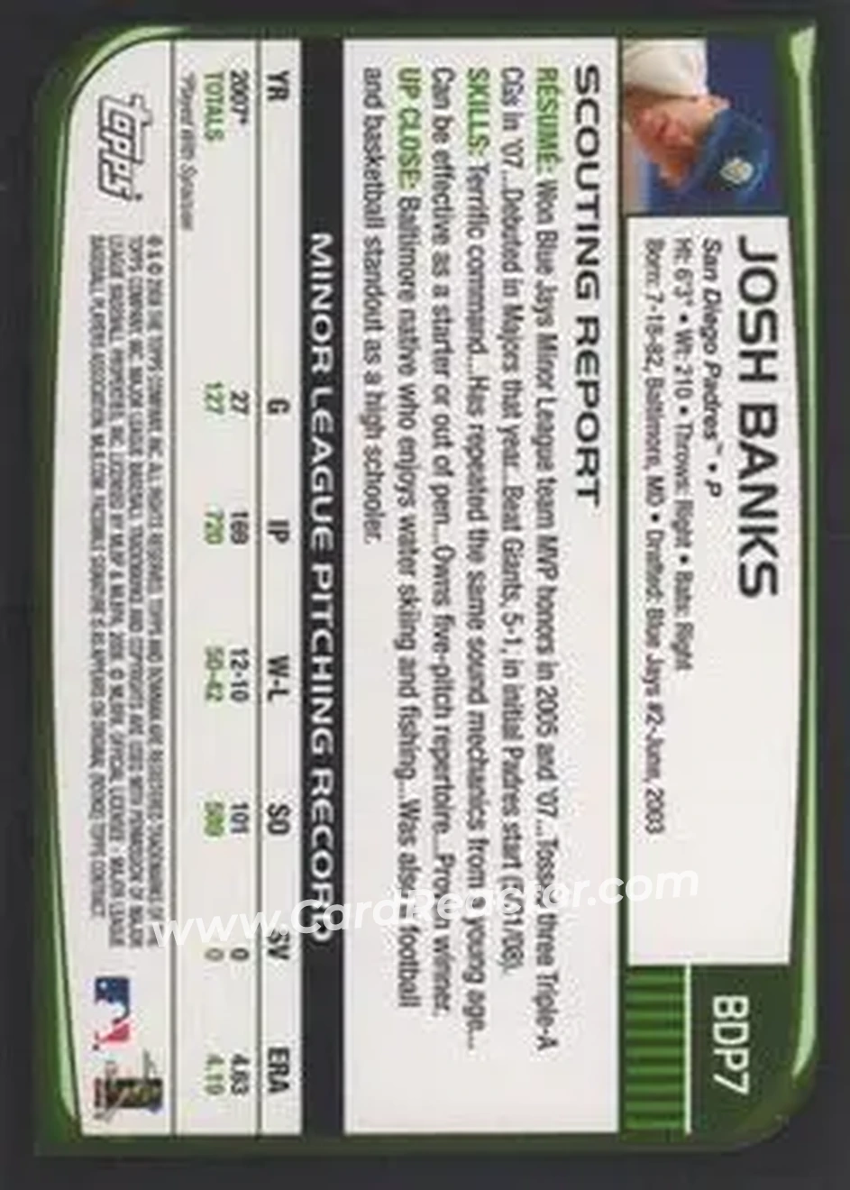 2008 Bowman Draft Picks & Prospects #BDP7 - Josh Banks - San Diego Padres - Back
