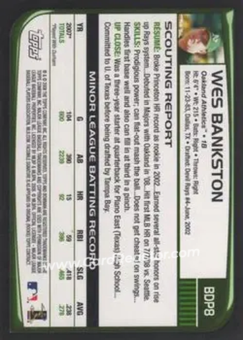2008 Bowman Draft Picks & Prospects #BDP8 - Wes Bankston - Oakland Athletics - Back