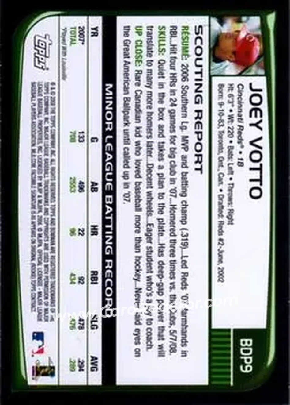 2008 Bowman Draft Picks & Prospects #BDP9 - Joey Votto - Cincinnati Reds - Back