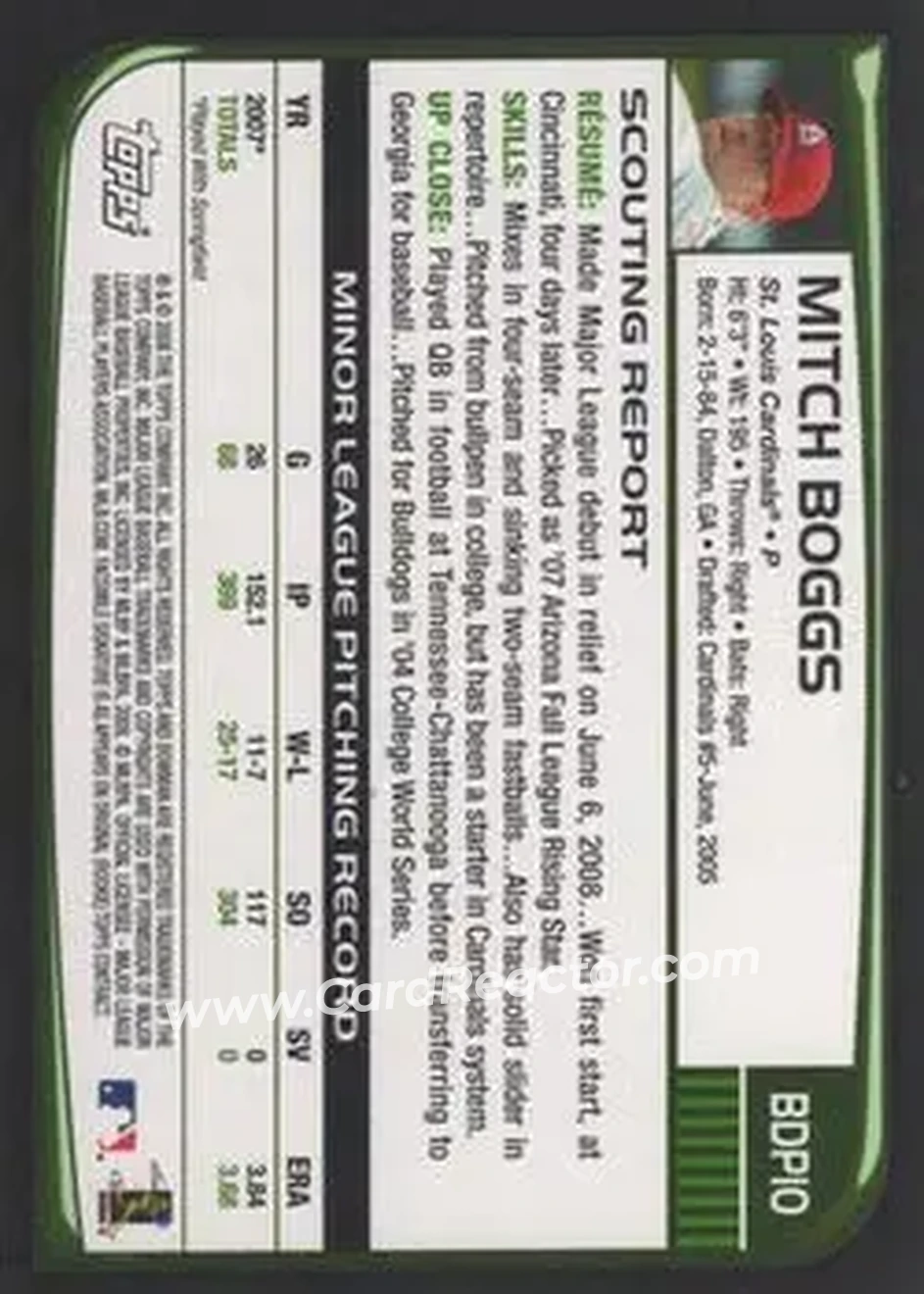 2008 Bowman Draft Picks & Prospects #BDP10 - Mitchell Boggs - St. Louis Cardinals - Back 2008 Bowman Draft Picks & Prospects #BDP10 - Mitchell Boggs - St. Louis Cardinals - Back