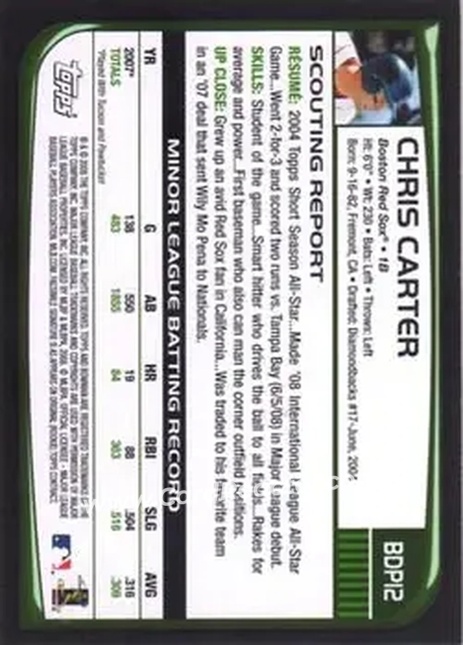 2008 Bowman Draft Picks & Prospects #BDP12 - Chris Carter - Boston Red Sox - Back