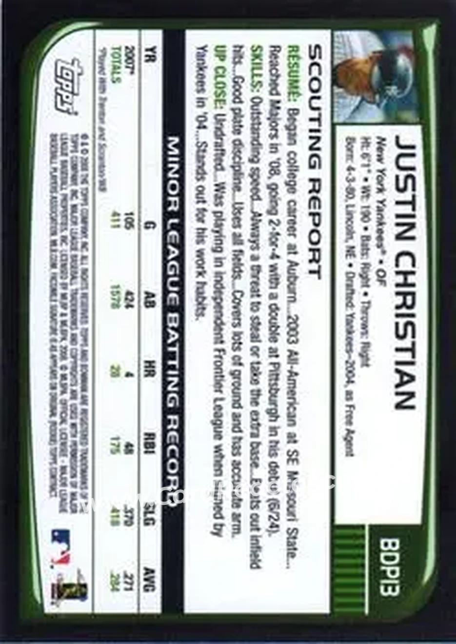 2008 Bowman Draft Picks & Prospects #BDP13 - Justin Christian - New York Yankees - Back