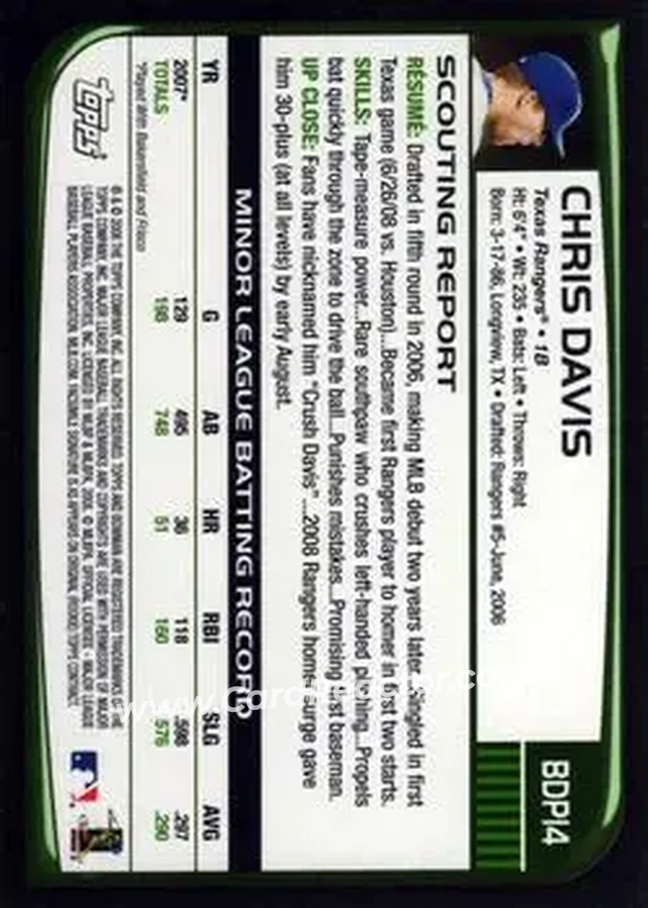 2008 Bowman Draft Picks & Prospects #BDP14 - Chris Davis - Texas Rangers - Back