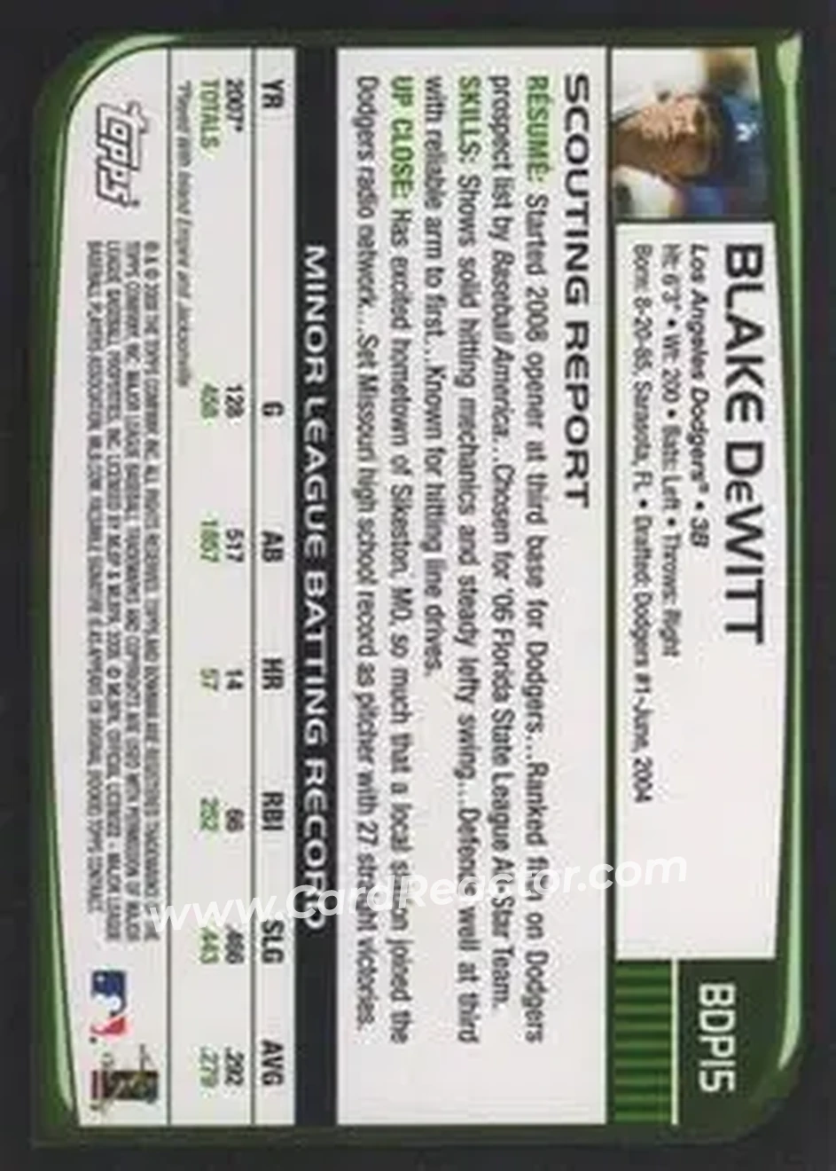 2008 Bowman Draft Picks & Prospects #BDP15 - Blake DeWitt - Los Angeles Dodgers - Back 2008 Bowman Draft Picks & Prospects #BDP15 - Blake DeWitt - Los Angeles Dodgers - Back