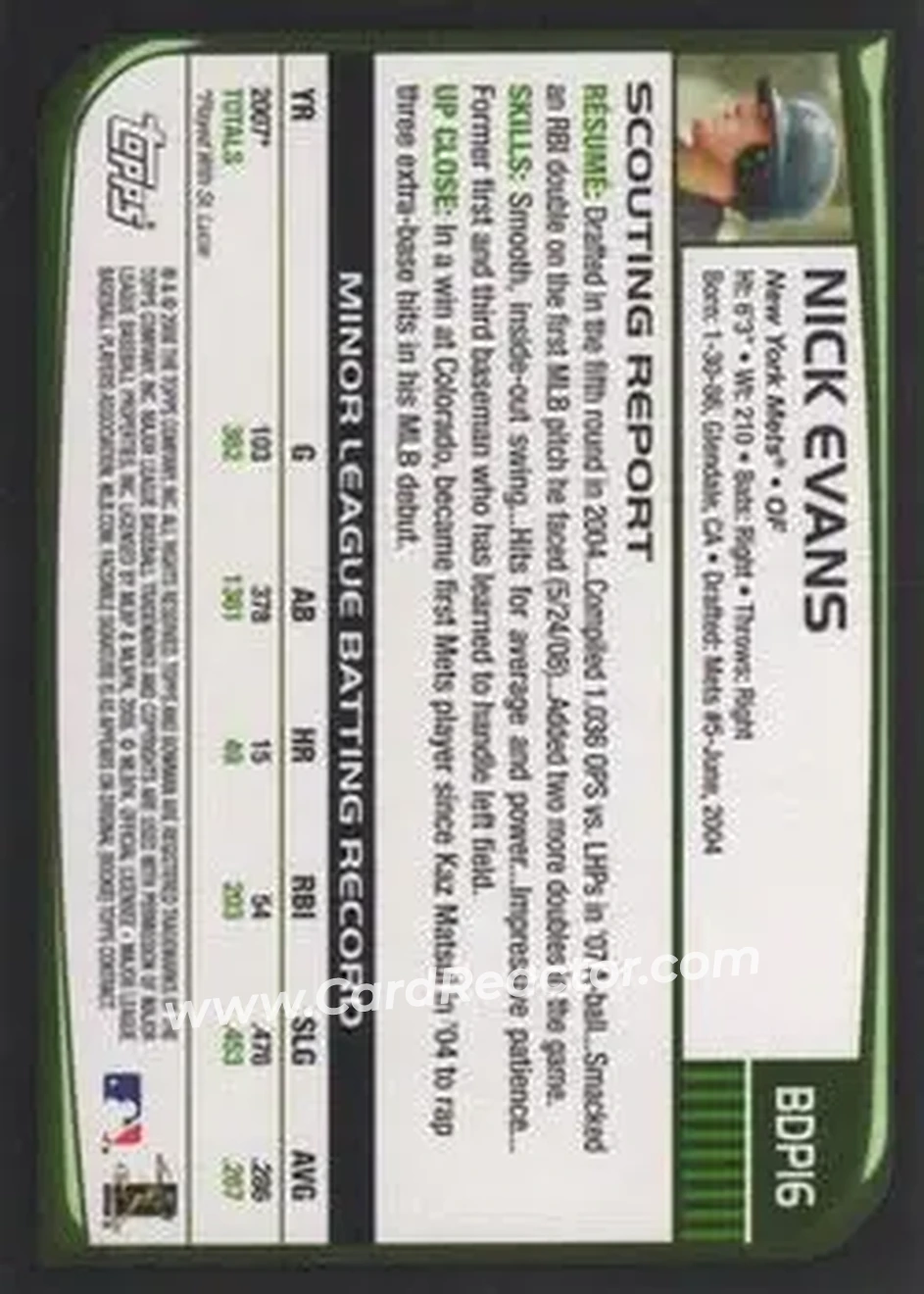 2008 Bowman Draft Picks & Prospects #BDP16 - Nick Evans - New York Mets - Back 2008 Bowman Draft Picks & Prospects #BDP16 - Nick Evans - New York Mets - Back