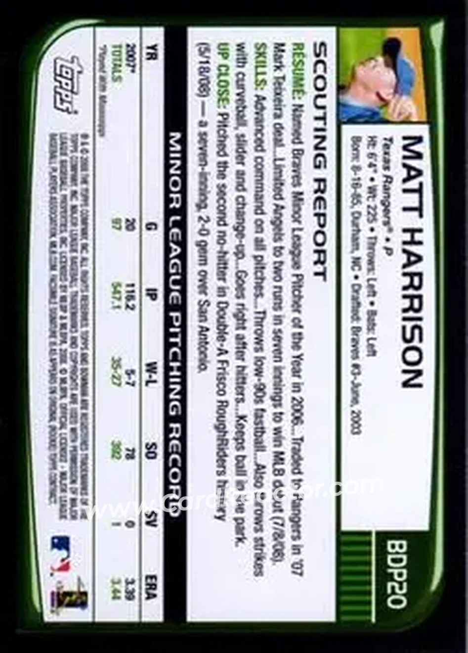 2008 Bowman Draft Picks & Prospects #BDP20 - Matt Harrison - Texas Rangers - Back