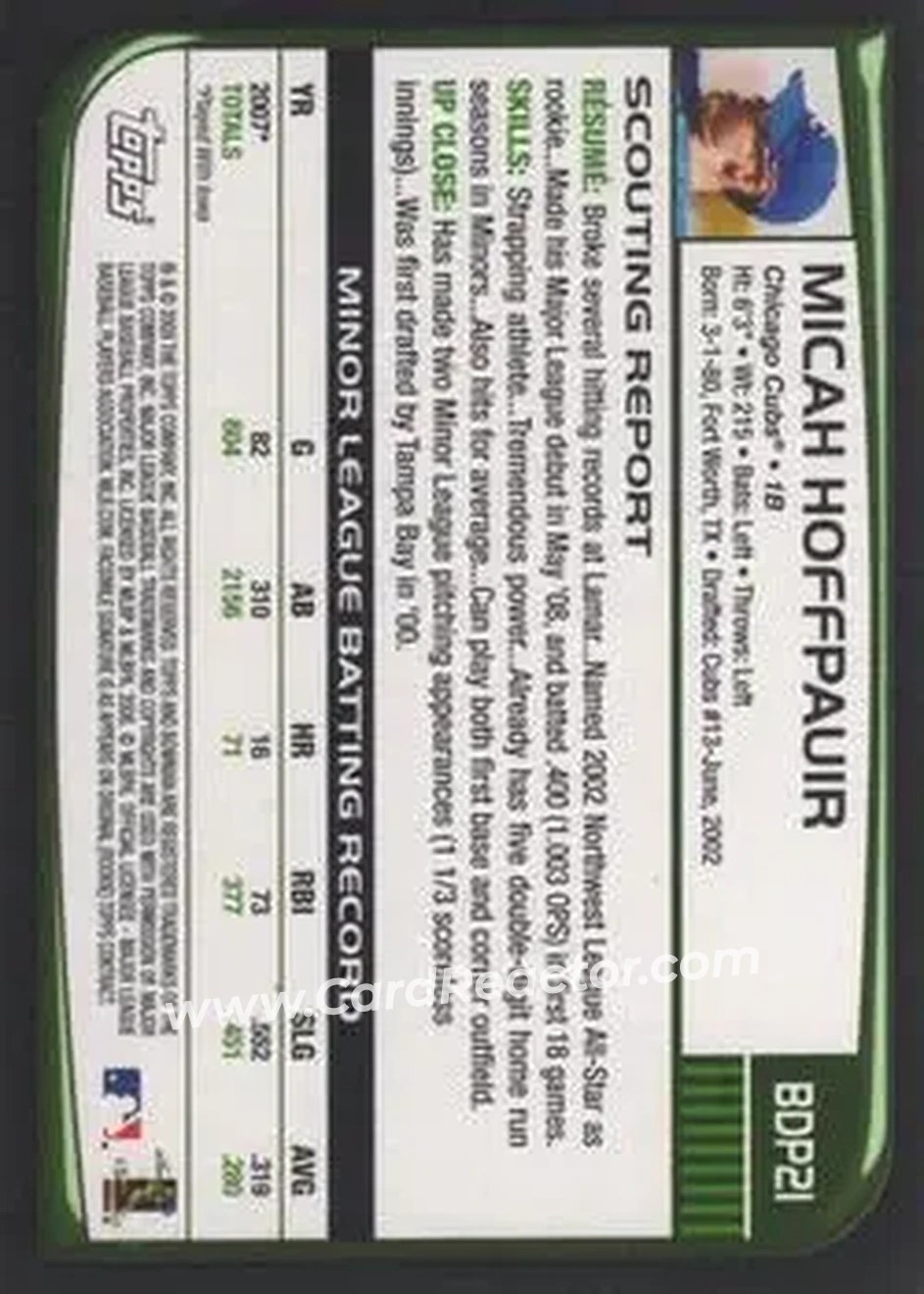 2008 Bowman Draft Picks & Prospects #BDP21 - Micah Hoffpauir - Chicago Cubs - Back 2008 Bowman Draft Picks & Prospects #BDP21 - Micah Hoffpauir - Chicago Cubs - Back