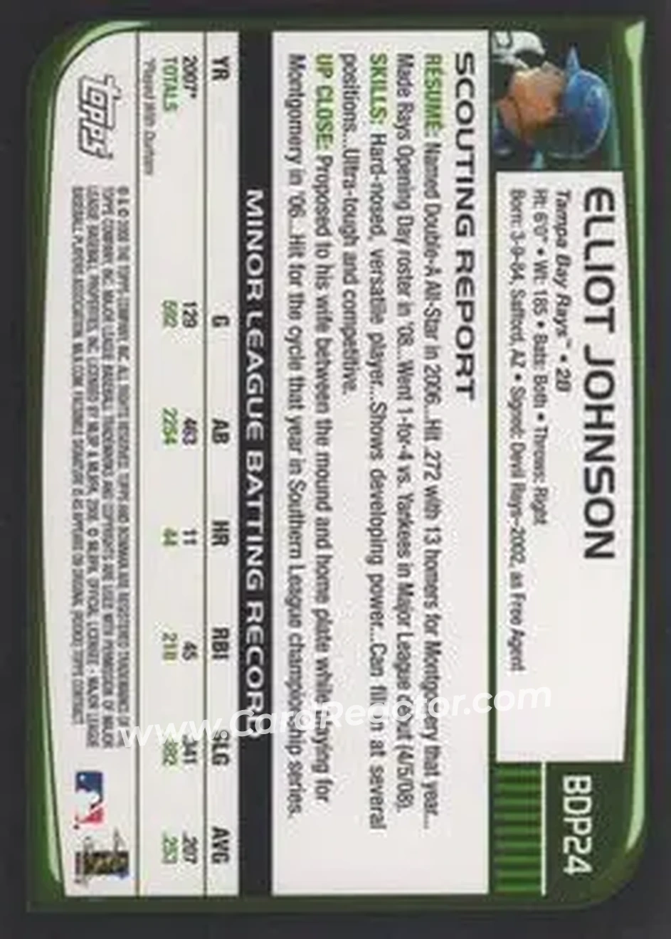 2008 Bowman Draft Picks & Prospects #BDP24 - Elliot Johnson - Tampa Bay Rays - Back