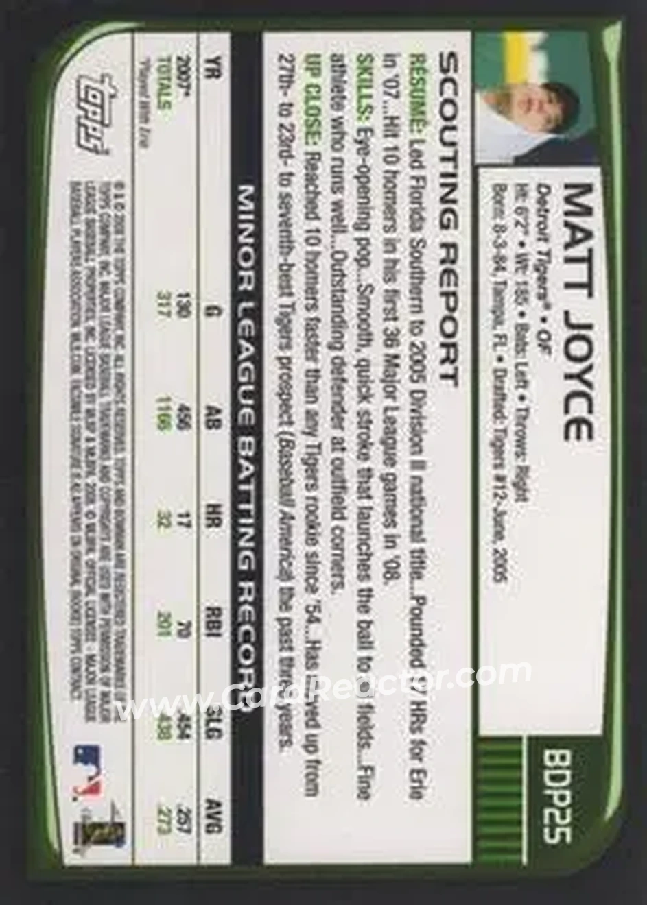 2008 Bowman Draft Picks & Prospects #BDP25 - Matt Joyce - Detroit Tigers - Back