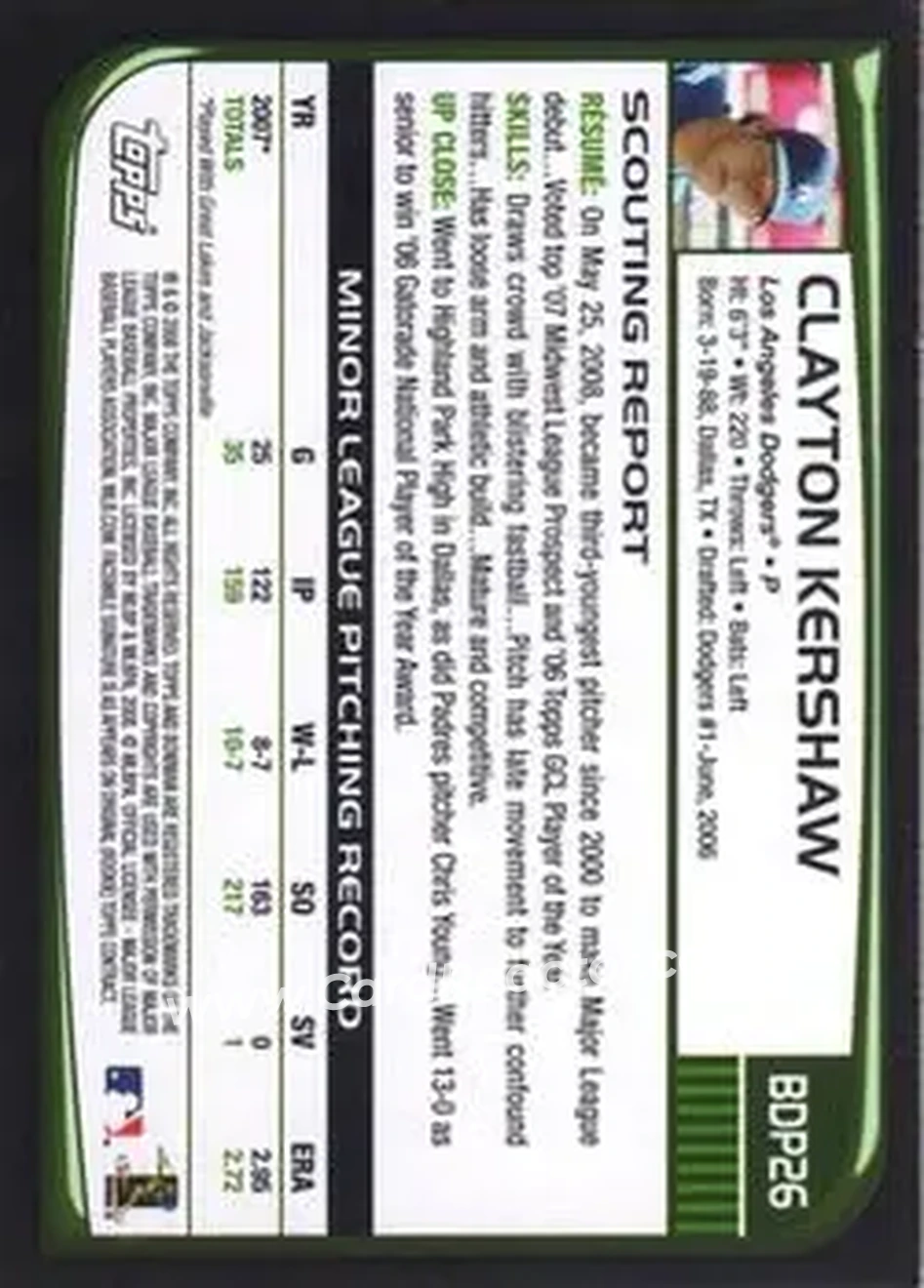 2008 Bowman Draft Picks & Prospects #BDP26 - Clayton Kershaw - Los Angeles Dodgers - Back