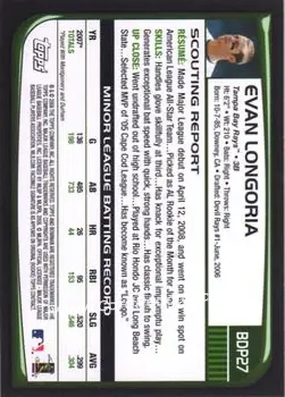 2008 Bowman Draft Picks & Prospects #BDP27 - Evan Longoria - Tampa Bay Rays - Back 2008 Bowman Draft Picks & Prospects #BDP27 - Evan Longoria - Tampa Bay Rays - Back
