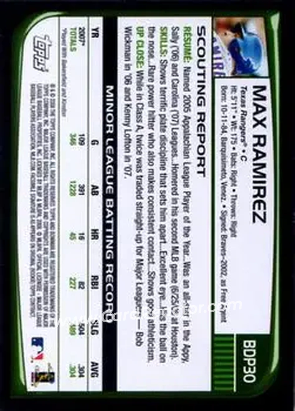 2008 Bowman Draft Picks & Prospects #BDP30 - Max Ramirez - Texas Rangers - Back