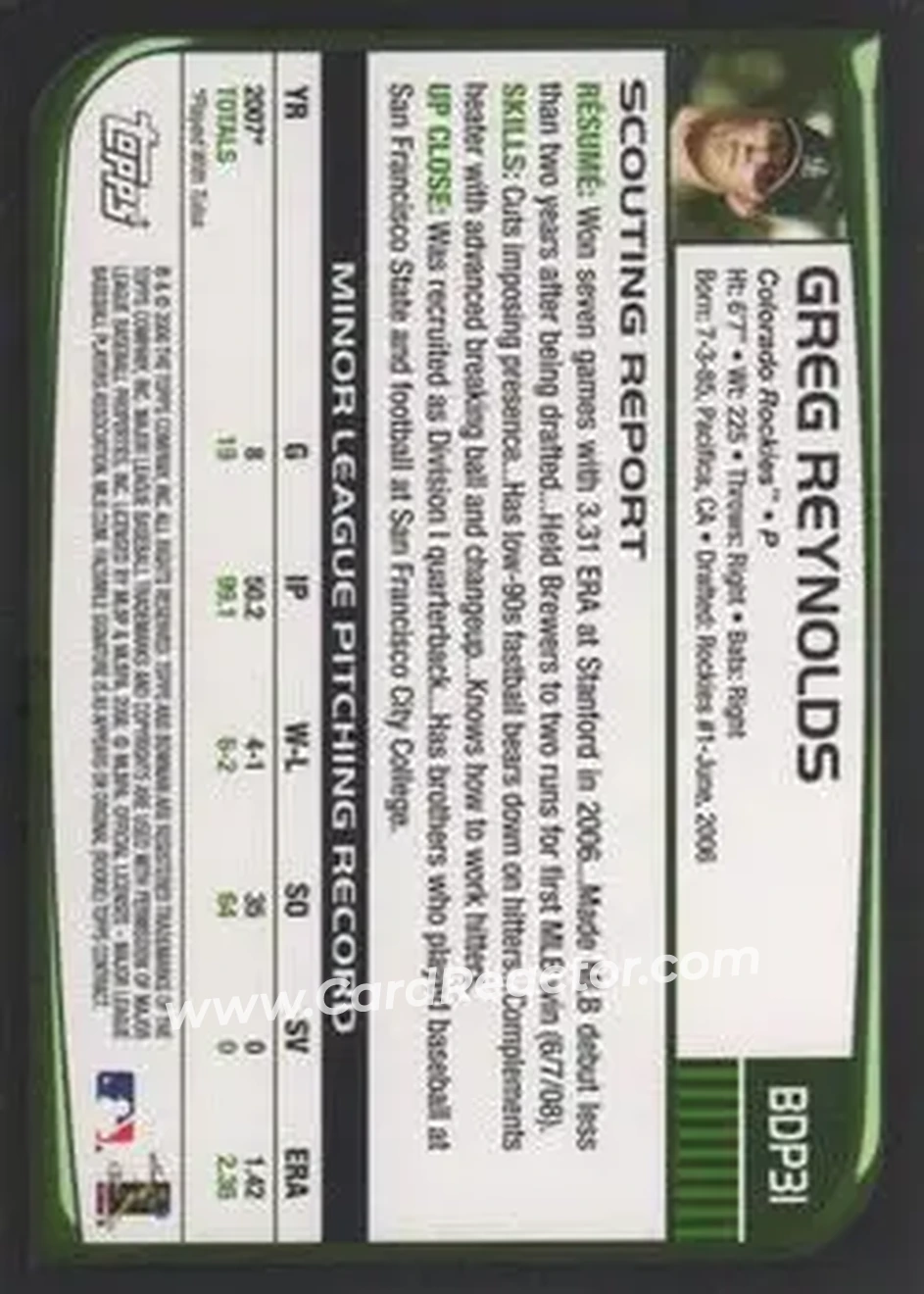 2008 Bowman Draft Picks & Prospects #BDP31 - Greg Reynolds - Colorado Rockies - Back