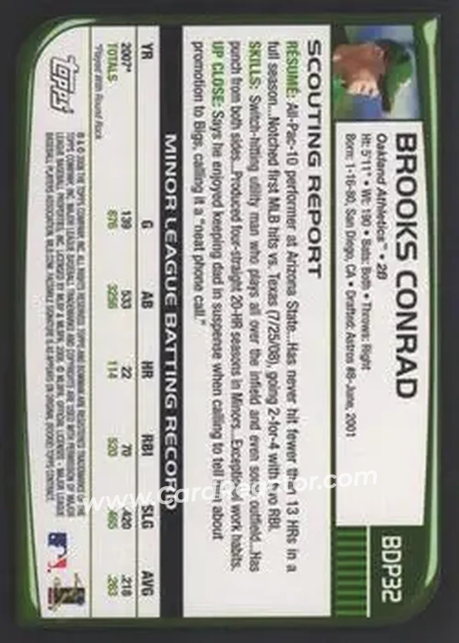 2008 Bowman Draft Picks & Prospects #BDP32 - Brooks Conrad - Oakland Athletics - Back