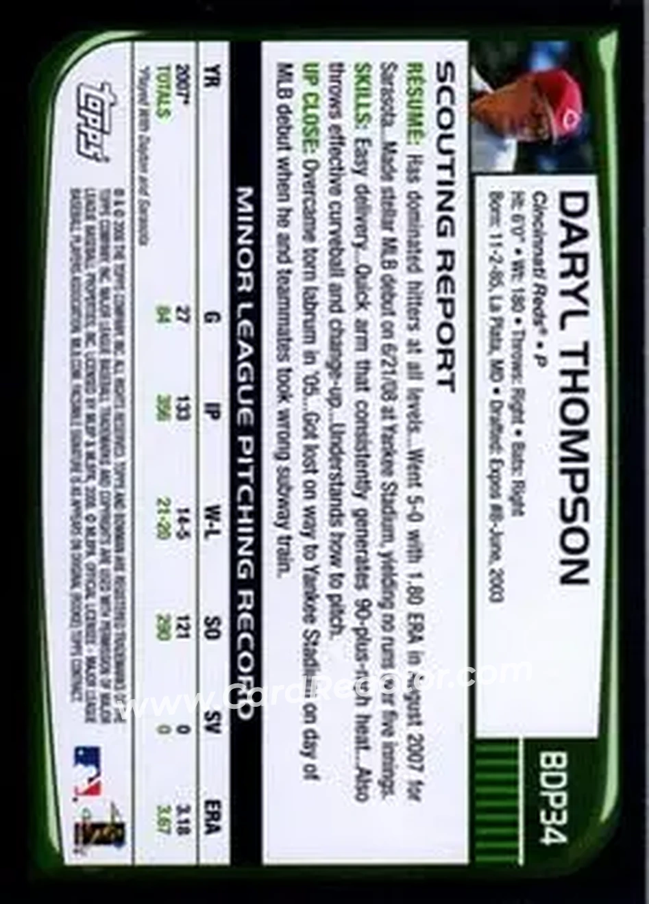 2008 Bowman Draft Picks & Prospects #BDP34 - Daryl Thompson - Cincinnati Reds - Back