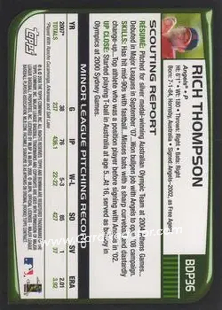 2008 Bowman Draft Picks & Prospects #BDP36 - Rich Thompson - Los Angeles Angels - Back