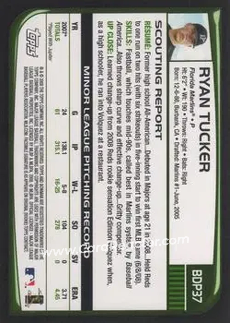 2008 Bowman Draft Picks & Prospects #BDP37 - Ryan Tucker - Florida Marlins - Back