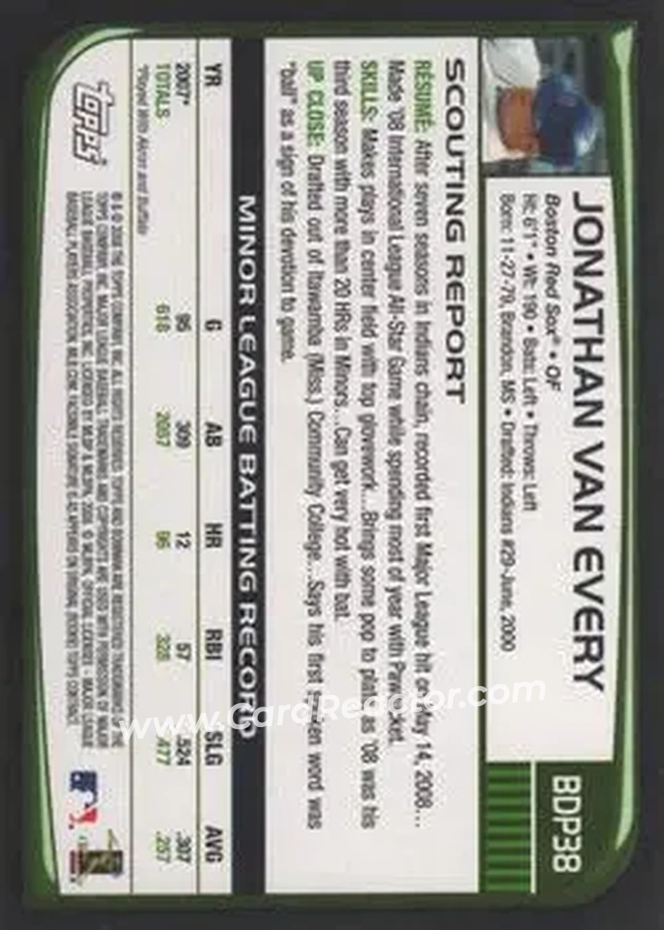 2008 Bowman Draft Picks & Prospects #BDP38 - Jonathan Van Every - Boston Red Sox - Back