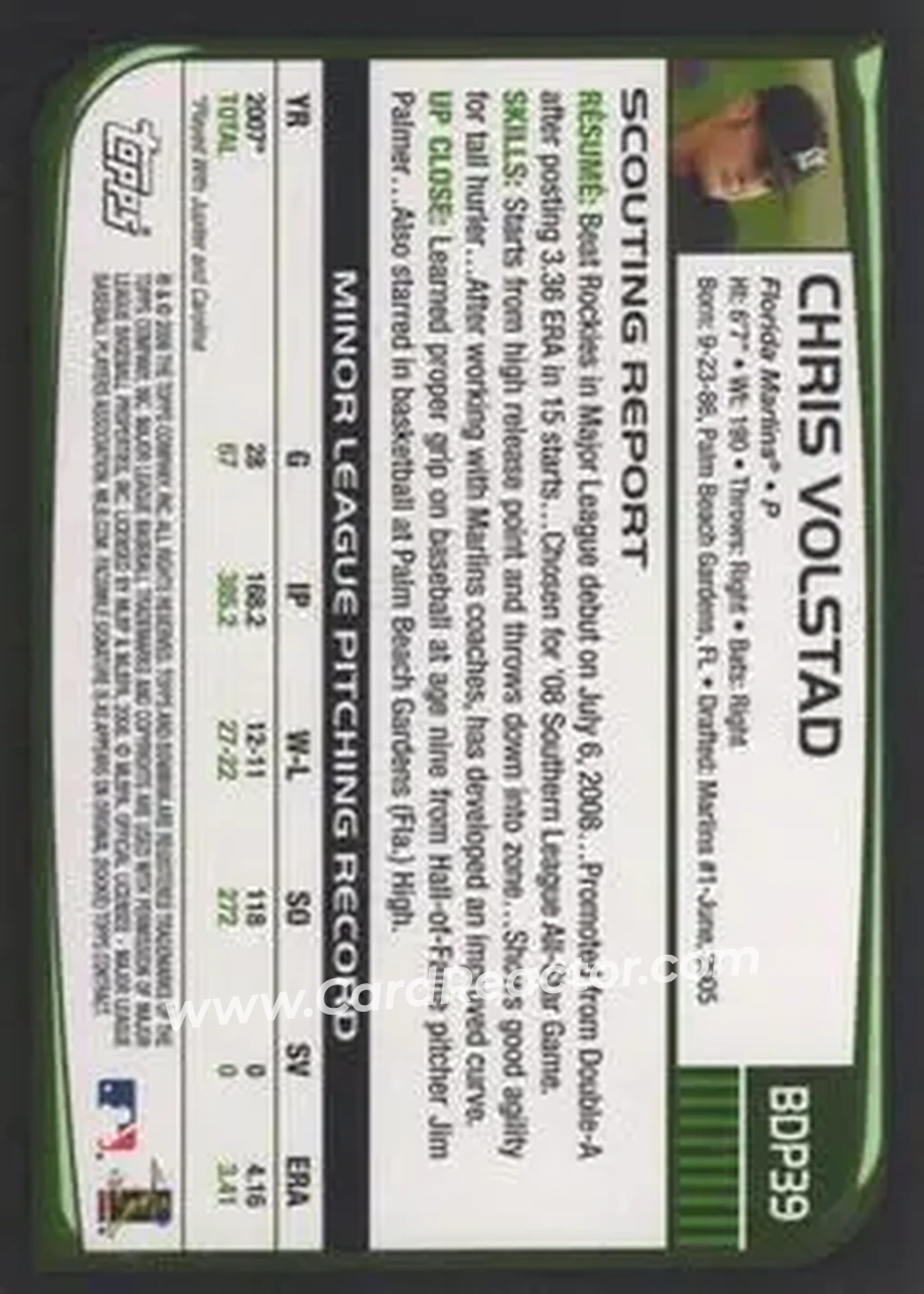2008 Bowman Draft Picks & Prospects #BDP39 - Chris Volstad - Florida Marlins - Back