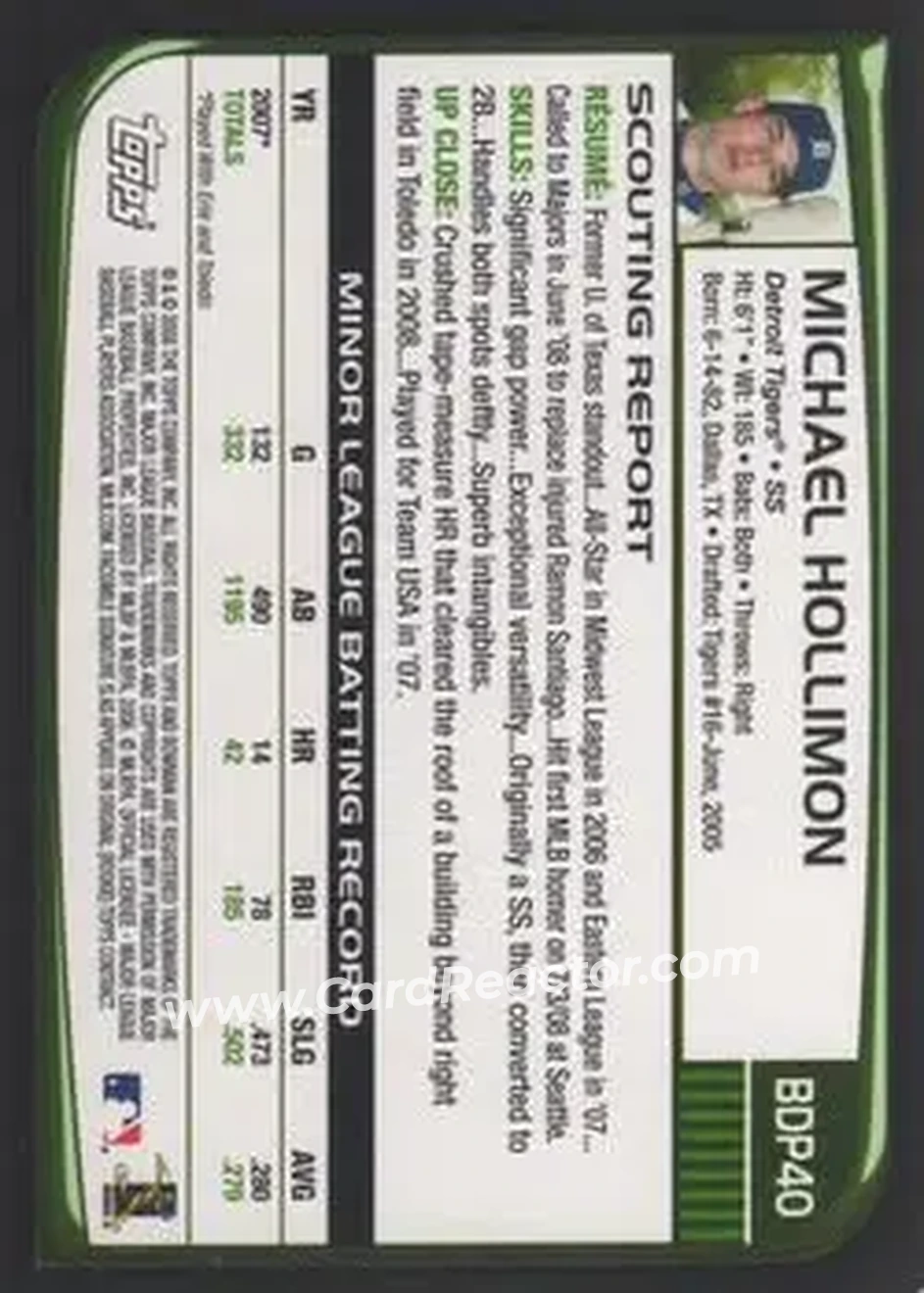 2008 Bowman Draft Picks & Prospects #BDP40 - Michael Hollimon - Detroit Tigers - Back