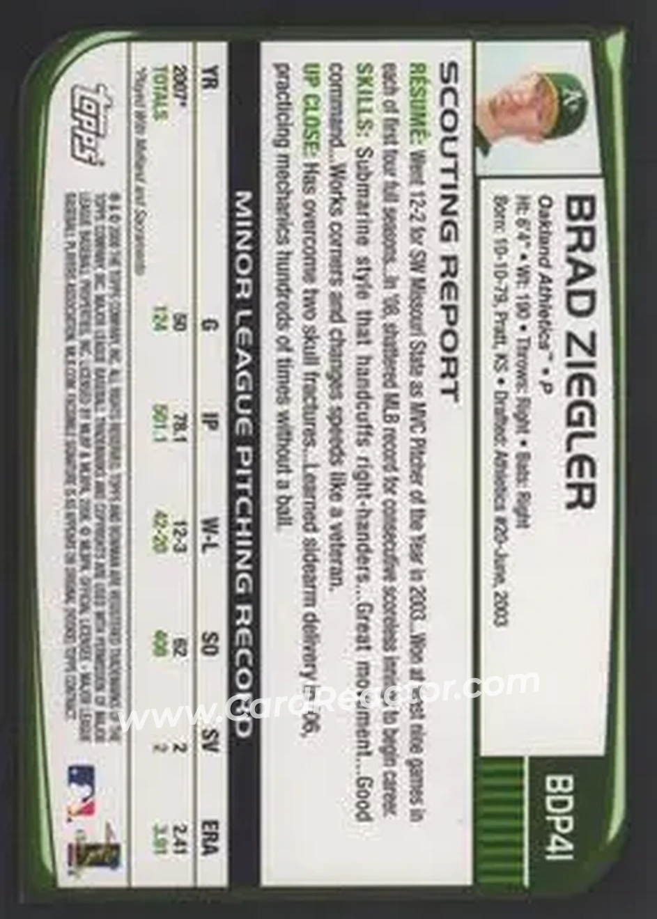 2008 Bowman Draft Picks & Prospects #BDP41 - Brad Ziegler - Oakland Athletics - Back 2008 Bowman Draft Picks & Prospects #BDP41 - Brad Ziegler - Oakland Athletics - Back
