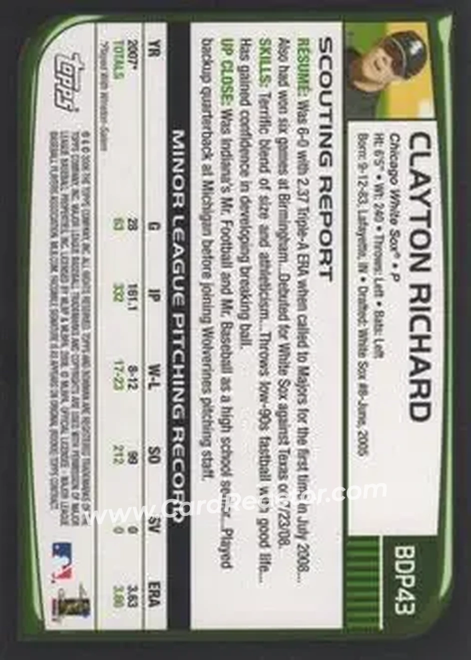 2008 Bowman Draft Picks & Prospects #BDP43 - Clayton Richard - Chicago White Sox - Back 2008 Bowman Draft Picks & Prospects #BDP43 - Clayton Richard - Chicago White Sox - Back
