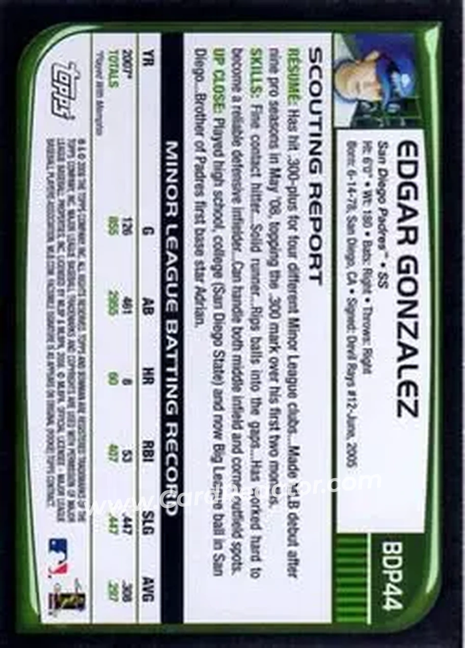 2008 Bowman Draft Picks & Prospects #BDP44 - Edgar Gonzalez - San Diego Padres - Back 2008 Bowman Draft Picks & Prospects #BDP44 - Edgar Gonzalez - San Diego Padres - Back