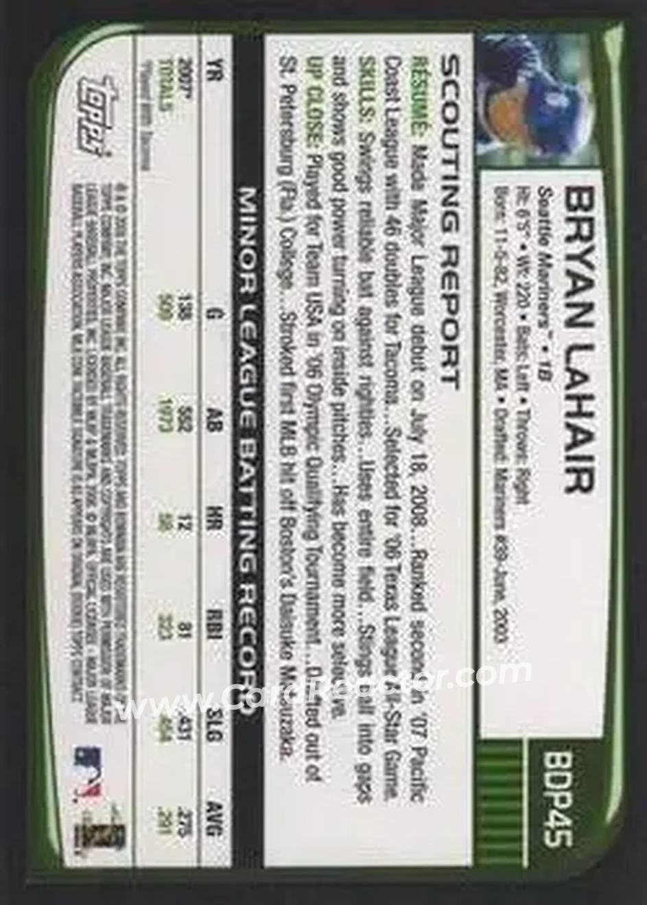 2008 Bowman Draft Picks & Prospects #BDP45 - Bryan LaHair - Seattle Mariners - Back 2008 Bowman Draft Picks & Prospects #BDP45 - Bryan LaHair - Seattle Mariners - Back
