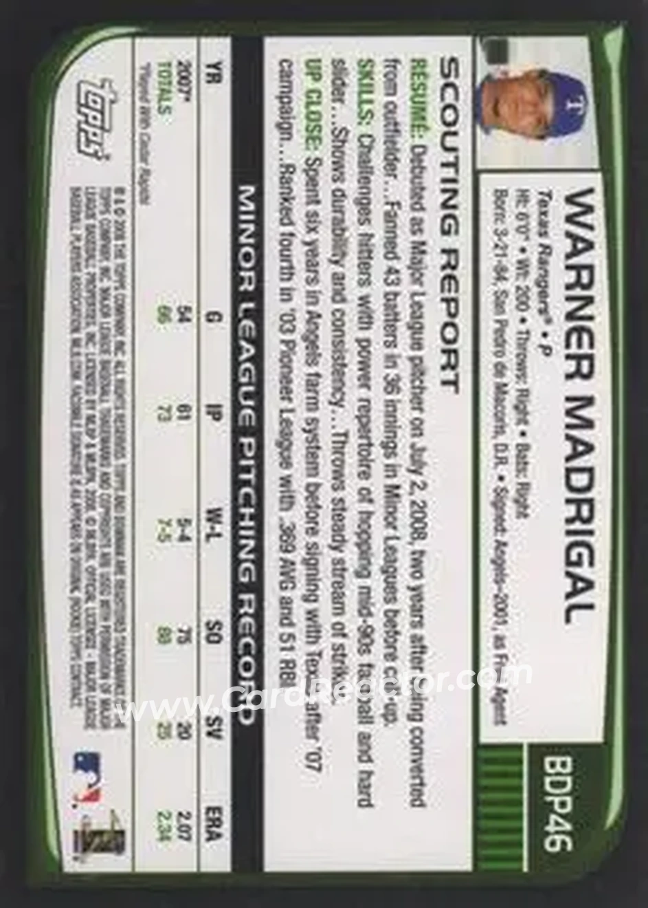 2008 Bowman Draft Picks & Prospects #BDP46 - Warner Madrigal - Texas Rangers - Back