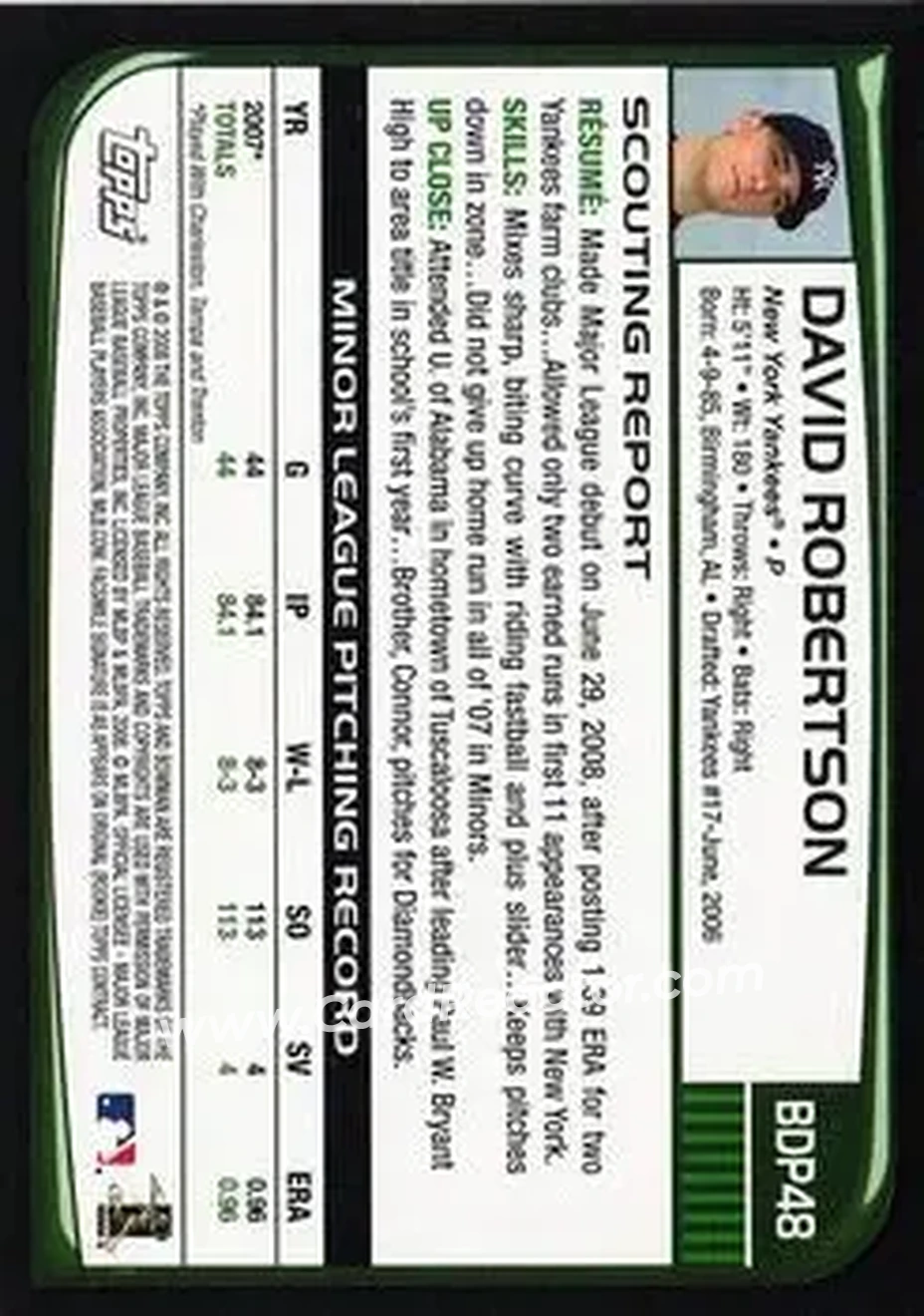 2008 Bowman Draft Picks & Prospects #BDP48 - David Robertson - New York Yankees - Back