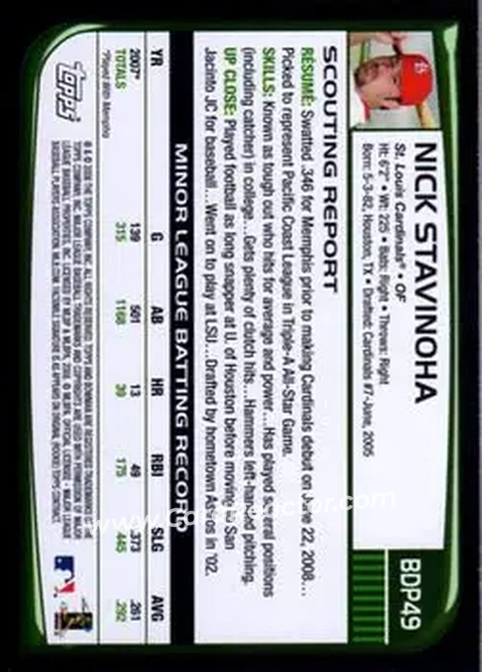 2008 Bowman Draft Picks & Prospects #BDP49 - Nick Stavinoha - St. Louis Cardinals - Back
