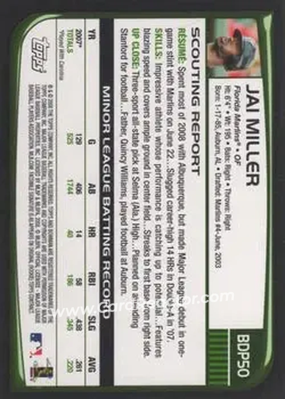 2008 Bowman Draft Picks & Prospects #BDP50 - Jai Miller - Florida Marlins - Back