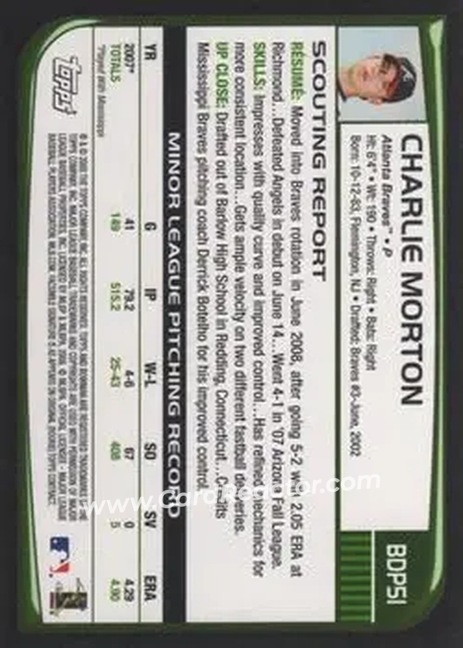 2008 Bowman Draft Picks & Prospects #BDP51 - Charlie Morton - Atlanta Braves - Back
