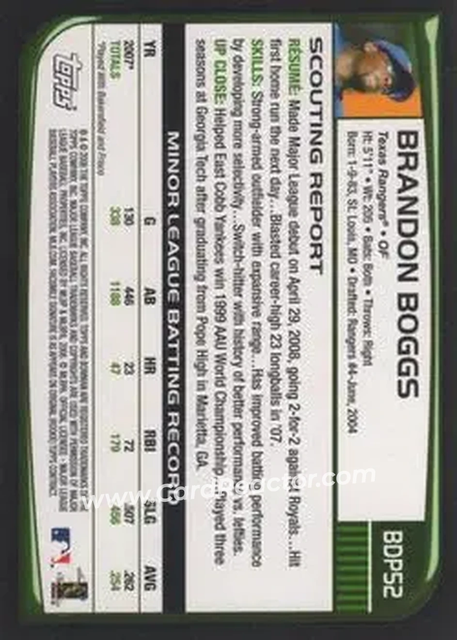 2008 Bowman Draft Picks & Prospects #BDP52 - Brandon Boggs - Texas Rangers - Back