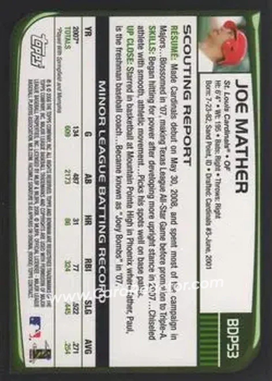 2008 Bowman Draft Picks & Prospects #BDP53 - Joe Mather - St. Louis Cardinals - Back