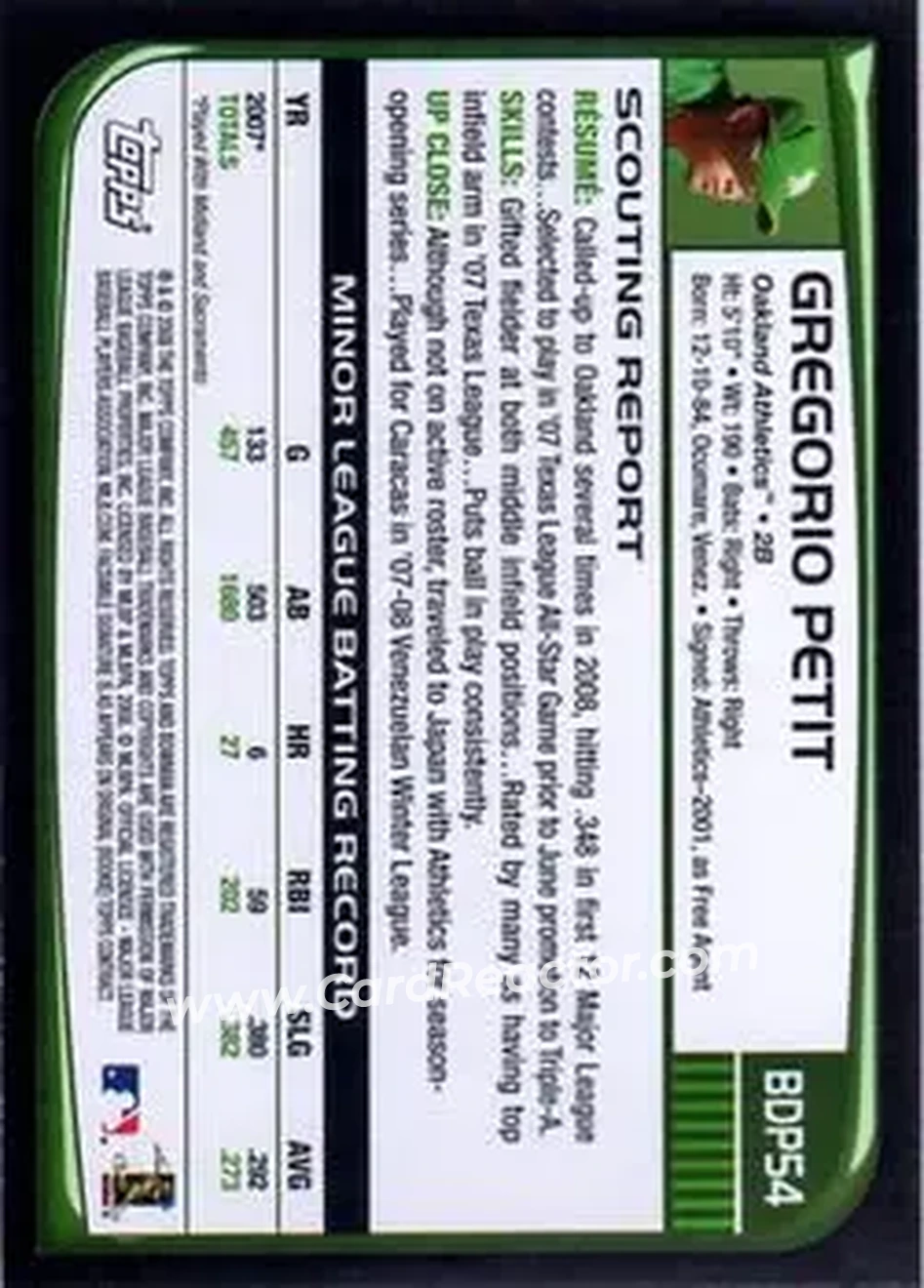 2008 Bowman Draft Picks & Prospects #BDP54 - Gregorio Petit - Oakland Athletics - Back 2008 Bowman Draft Picks & Prospects #BDP54 - Gregorio Petit - Oakland Athletics - Back