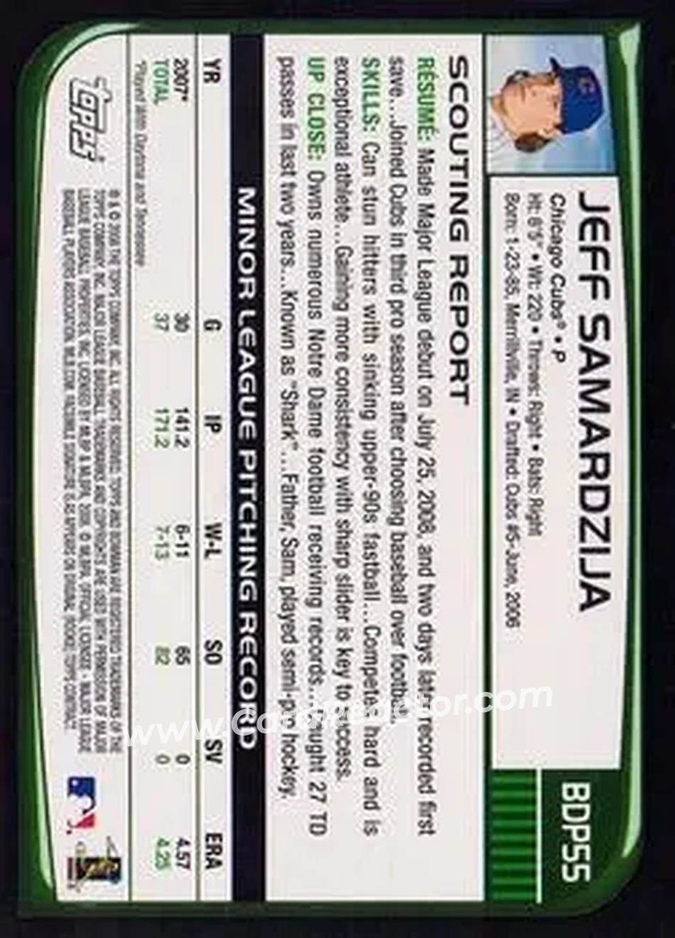 2008 Bowman Draft Picks & Prospects #BDP55 - Jeff Samardzija - Chicago Cubs - Back