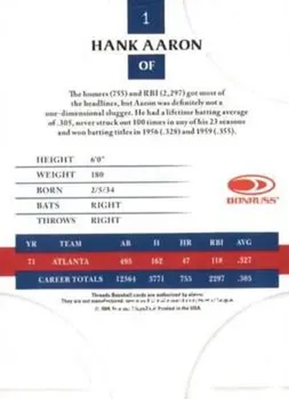 2008 Donruss Threads #1 - Hank Aaron - Atlanta Braves - Back