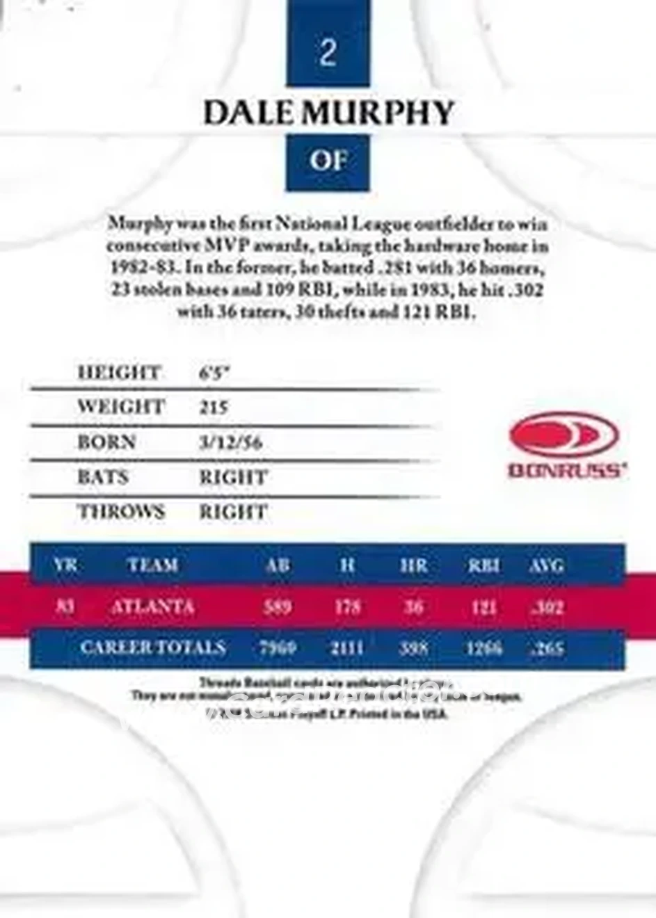 2008 Donruss Threads #2 - Dale Murphy - Atlanta Braves - Back