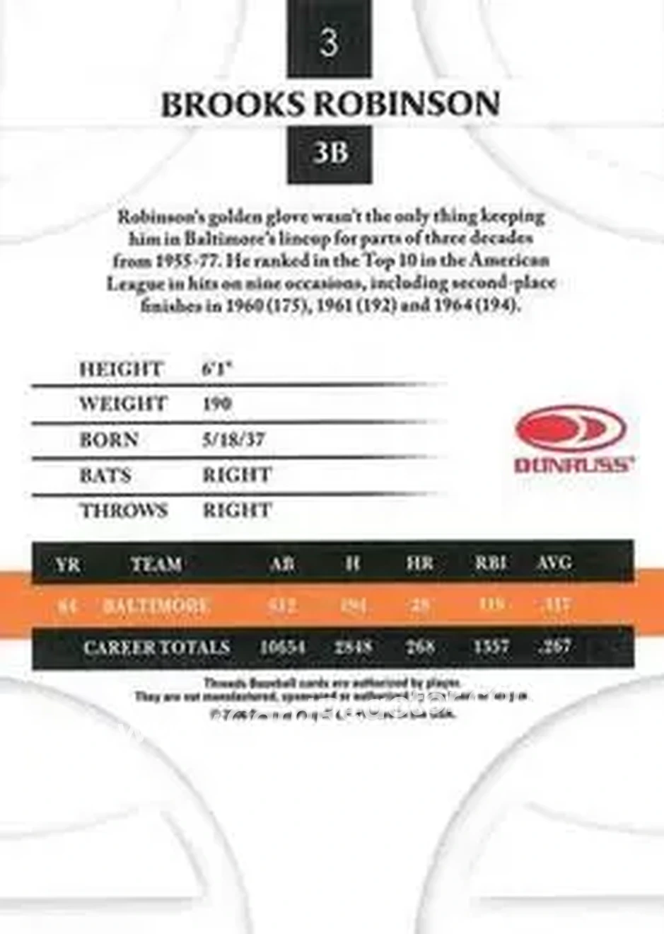 2008 Donruss Threads #3 - Brooks Robinson - Baltimore Orioles - Back