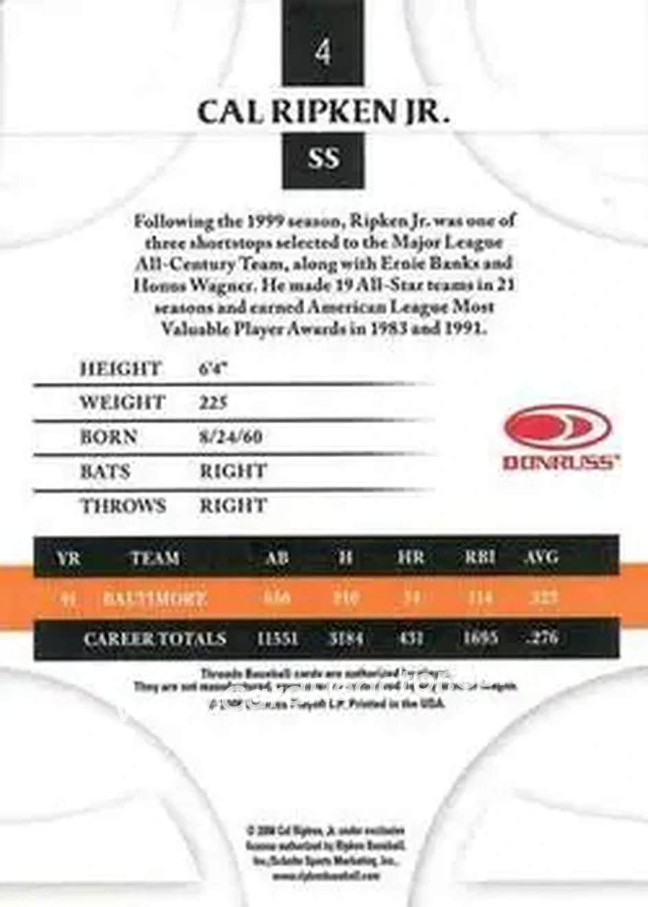 2008 Donruss Threads #4 - Cal Ripken - Baltimore Orioles - Back