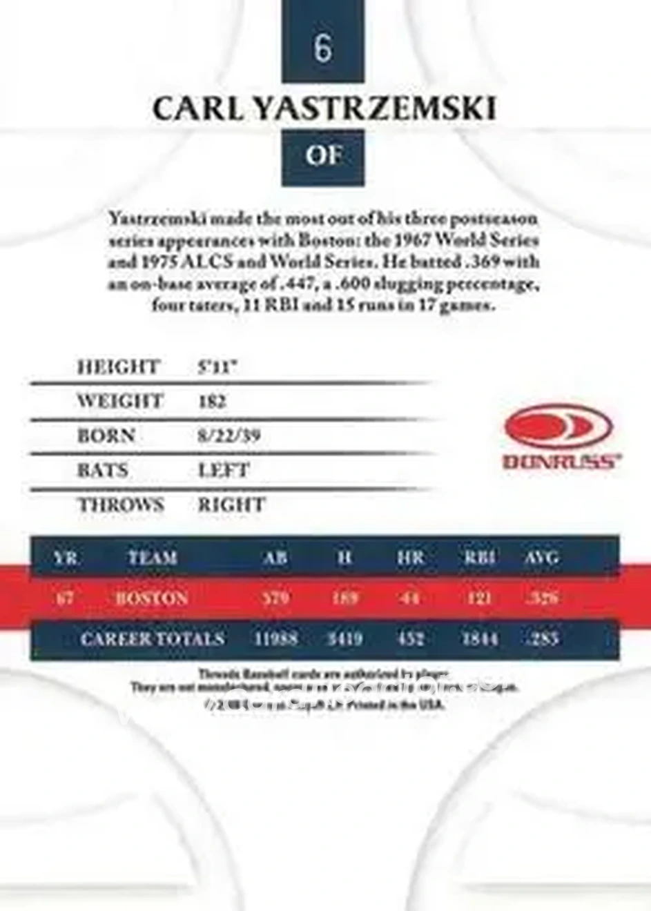 2008 Donruss Threads #6 - Carl Yastrzemski - Boston Red Sox - Back