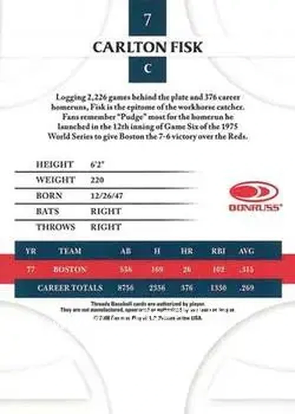 2008 Donruss Threads #7 - Carlton Fisk - Boston Red Sox - Back